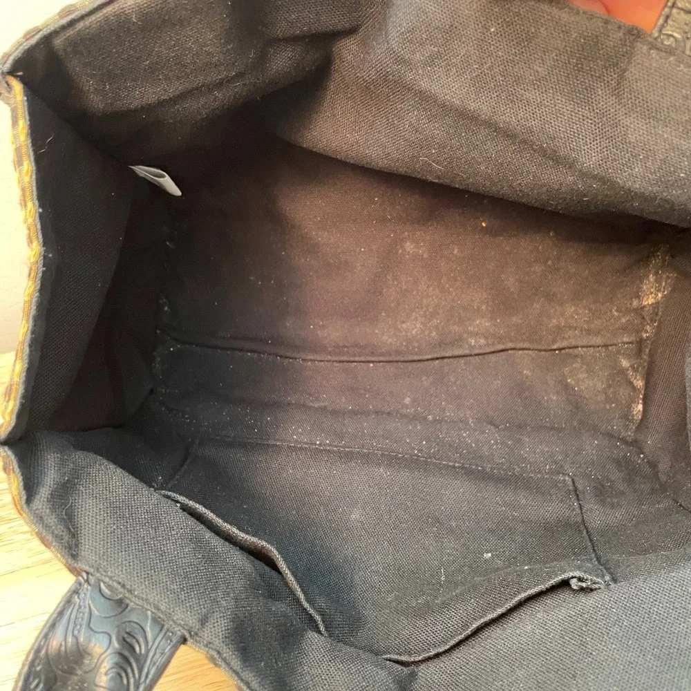 Longaberger Gingham Tote Bag Black Tan Embossed Floral Trim Silver Logo Plaque‎